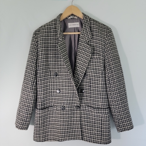 Liz Claiborne Women Wool Blend Silk Black Herringbone Double Breasted Blazer 8 - Picture 1 of 11